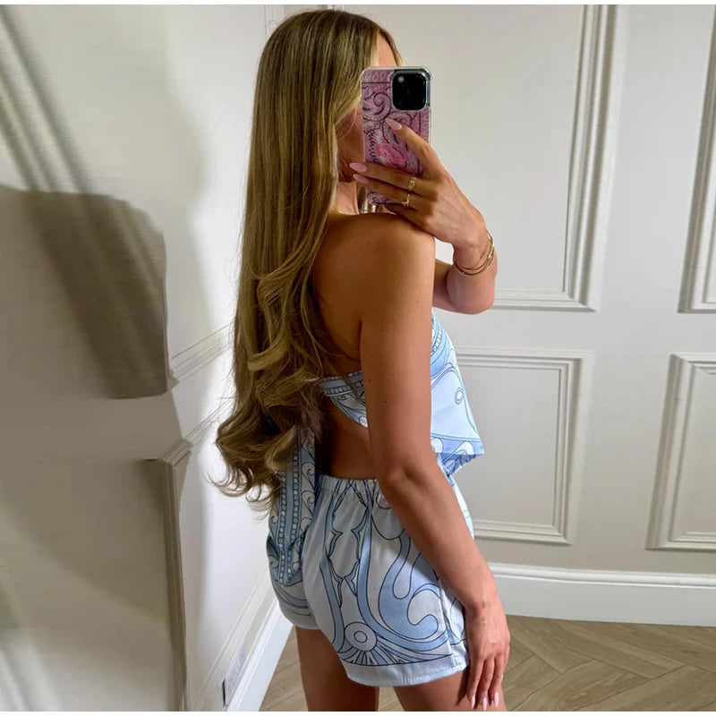 Sexy Women's Satin Printed Vest Shorts Set Lace Up Backless Strapless Crop Tops High Waist Short Pant 2026 Summer Beach Suit