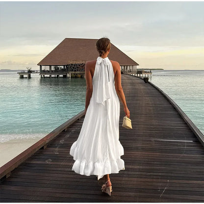 Chic White Round Neck Sleeveless Long Dress Elegant Off-the-shoulder Irregular Hem Gown New Female Summer Beach Club Vestidos