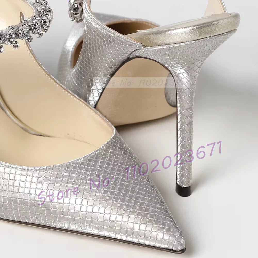 Silver Metallic Crystal Mules Rhinestone Arch Strap Heels