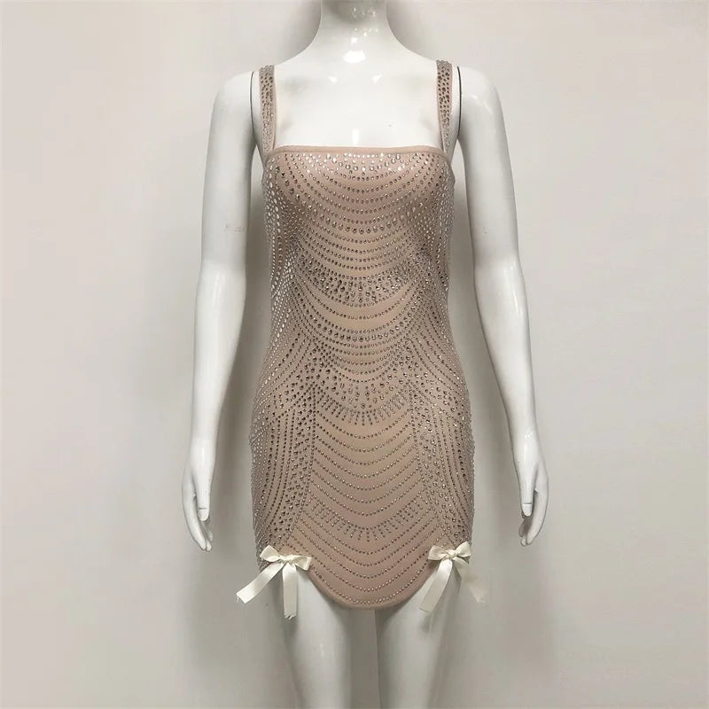 Glitter Crystals Bow Prom Dress Sexy Stripe Sleeveless Short Mini Party Gown Formal Wedding Guest Birthday Banquet Evening Robe