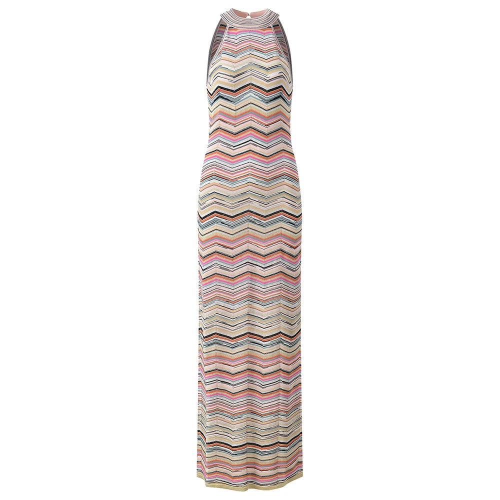 VGH Chic Multicolor Chevron Striped Knit Maxi Dress for Women Halter Sleeveless High Neck Keyhole Back Button Closure Bodycon