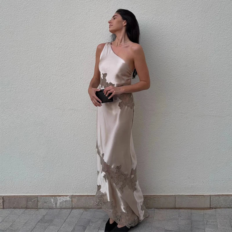 MUJER Satin Lace Midi Dress Women Asymmetric Long Dresses for Women Summer Backless Women's Dresses off Shoulder Dress Woman