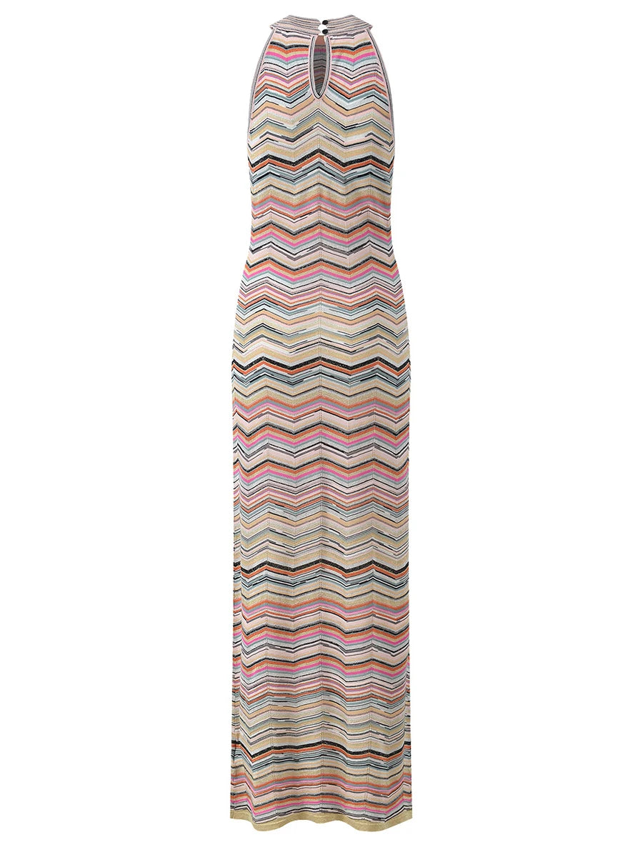 VGH Chic Multicolor Chevron Striped Knit Maxi Dress for Women Halter Sleeveless High Neck Keyhole Back Button Closure Bodycon
