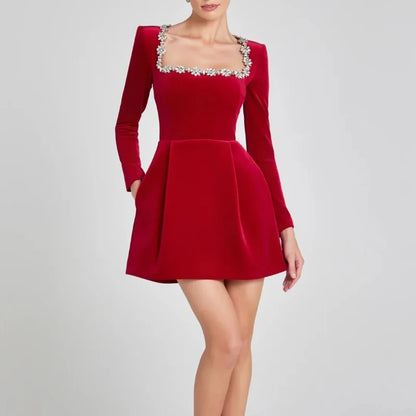 Rhinestone Red Velet Short Vestidos Evening Party Dresses