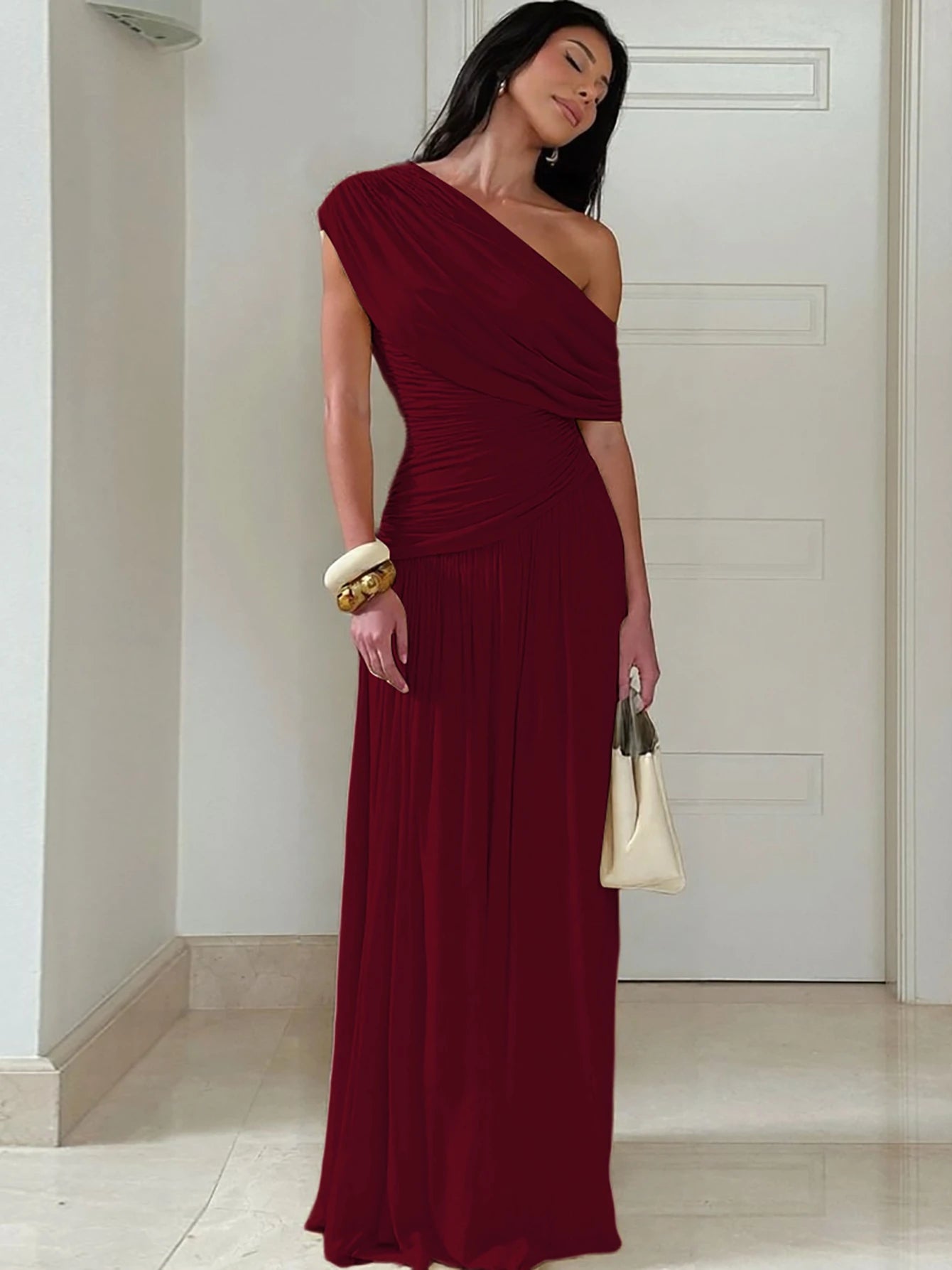 Hugcitar One Shoulder Ruched Sleeveless Solid Pleated Sexy Irregular Y2K Maxi Dress Summer Elegant Party Women Clothes Vacation - Shellss