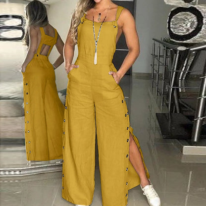 Summer Jumpsuit Wide Leg Button