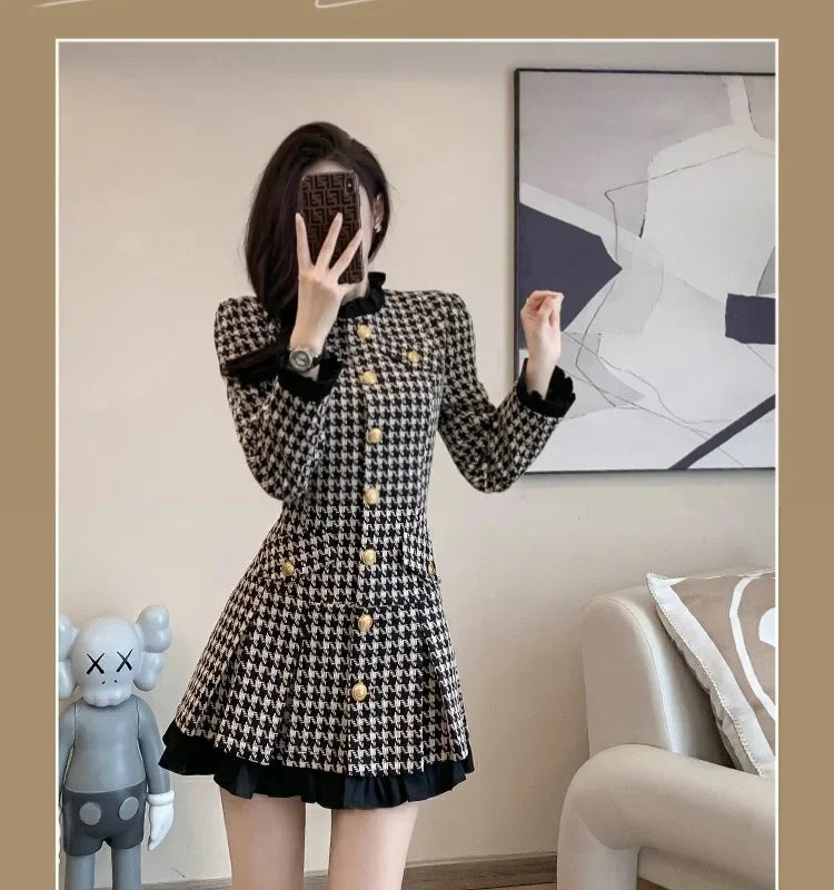 Elegance Tweed Style Waist-fitted Dress