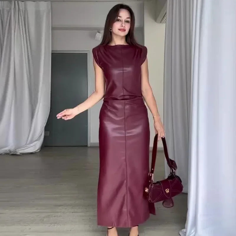 Sweet And Spicy Style Long Sleeveless round Neck PU Leather Dress Women's Fashion Summer New Arrival Mini Maxi Skirt