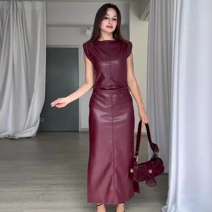 Sweet And Spicy Style Long Sleeveless round Neck PU Leather Dress Women's Fashion Summer New Arrival Mini Maxi Skirt