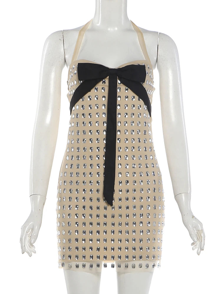Weird Puss Rhinestone Decoration Dress Women Bow Tassel Halter Bandage Backless Sleeveless Skinny Sweet Fashion Party Bodycon