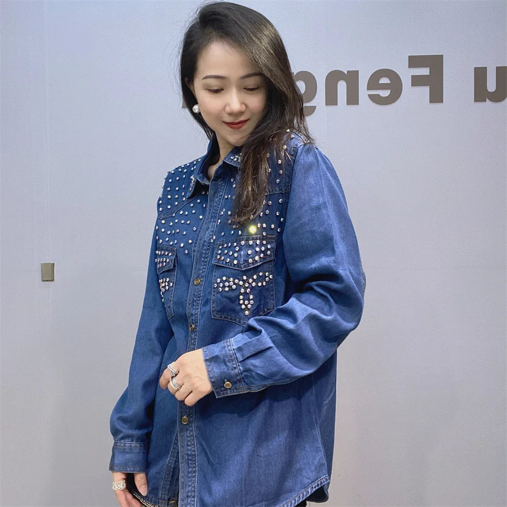 Diamonds Beaded Denim Shirts Rhinestones - Shellss
