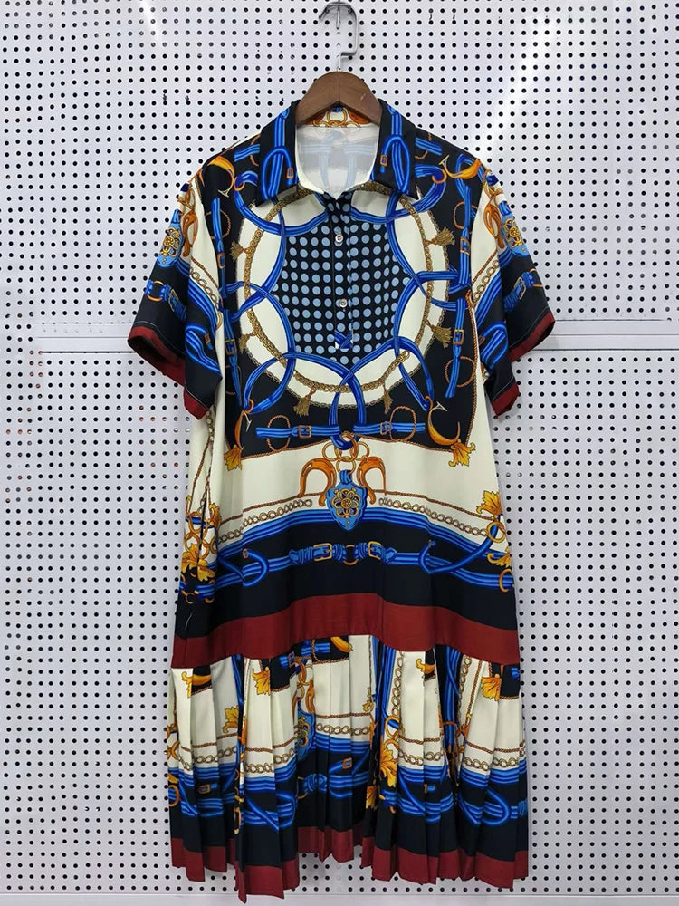 Retro geometric print lapel pullover short sleeve shirt dress 2026 summer women's tutu skirt fashion shirring loose dress - Shellss