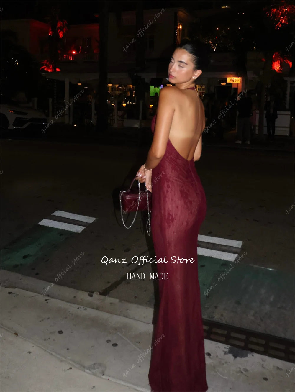 Qanz Modern Lace Appliques Evening Dresses Mermaid Burgundy Wedding Guest Dress Backless Vestidos Feminino Elegante Customized