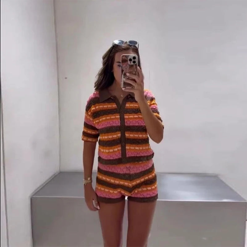 Knitting Stripe Shorts Set