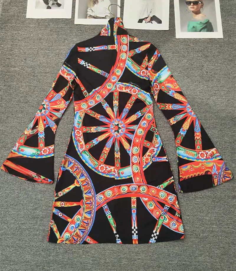 Retro Color Wheel Print High-Neck Long-Sleeve Slim Fit Mini Dress for Women Autumn Elastic Waist Holiday Banquet Temperament Dre - Shellss