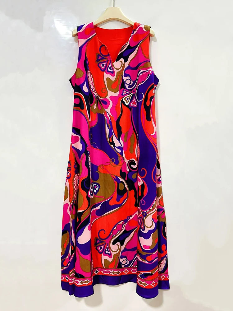 2026 Summer Women's Clothing Retro Geometric Print V-neck Pullover Sleeveless Dress Fashion Loose Large Size A-Line Tank Top - Shellss