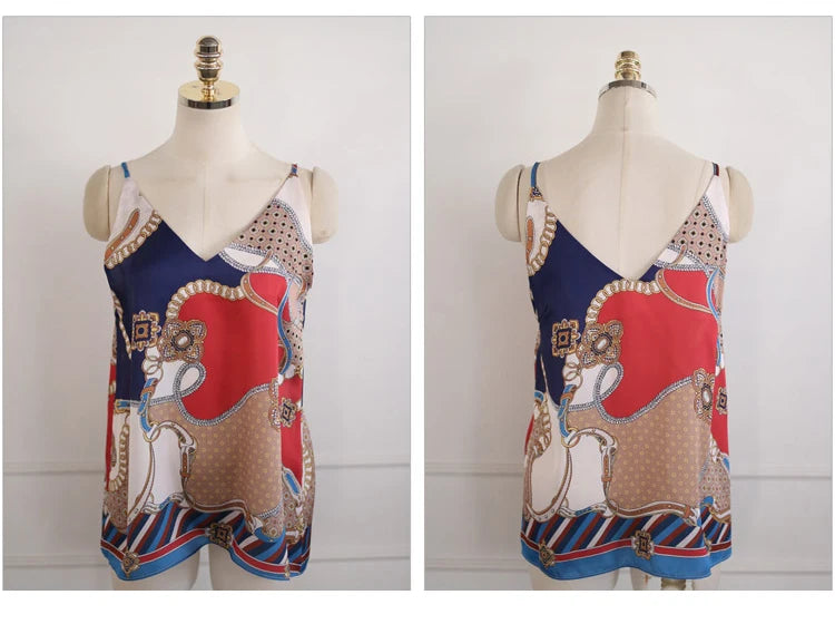 H Han Queen Hot Sale Summer Women Print Work 2 Pieces Set Camisole Top Blouses + Vintage A-Line Skirt Korean Simple Skirt Suit