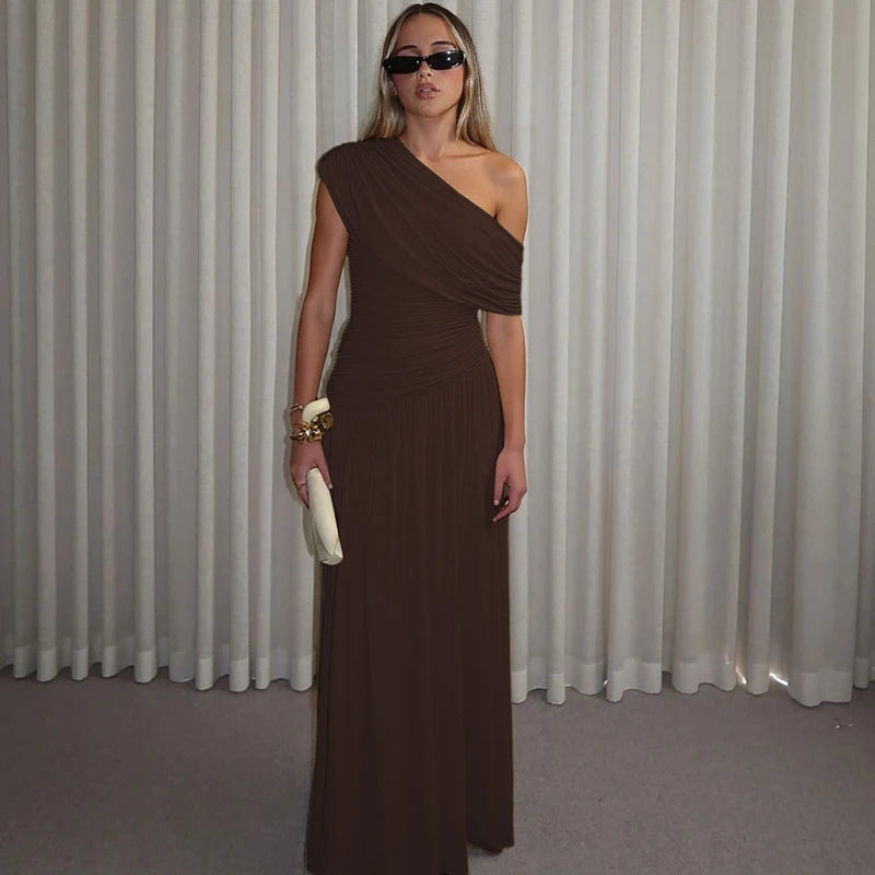 Hugcitar One Shoulder Ruched Sleeveless Solid Pleated Sexy Irregular Y2K Maxi Dress Summer Elegant Party Women Clothes Vacation - Shellss