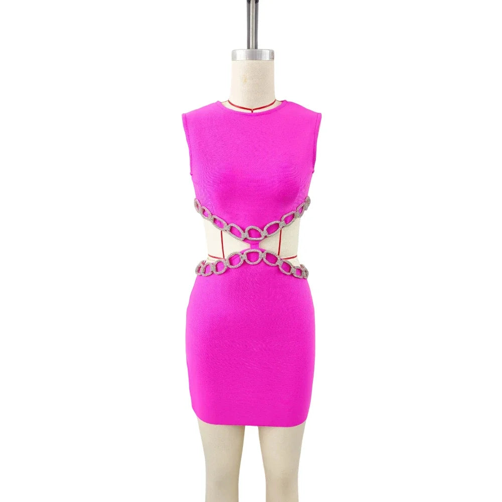 Sexy Hollow Out Diamonds Mini Dress Sleeveless Backless Solid Short Bandage Dresses Luxury Cocktail Evening Club Party Outfit