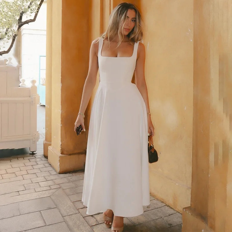 JULISSA MO Sexy Square Collar Women Maxi Dress White Spaghetti Strap High Waist Dress Female Summer Slim Elegant Party Clubwear - Shellss