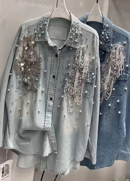 Crystal tassel embellished Denim Shirts