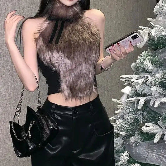 Faux Fur Crop Top Vintage Y2k