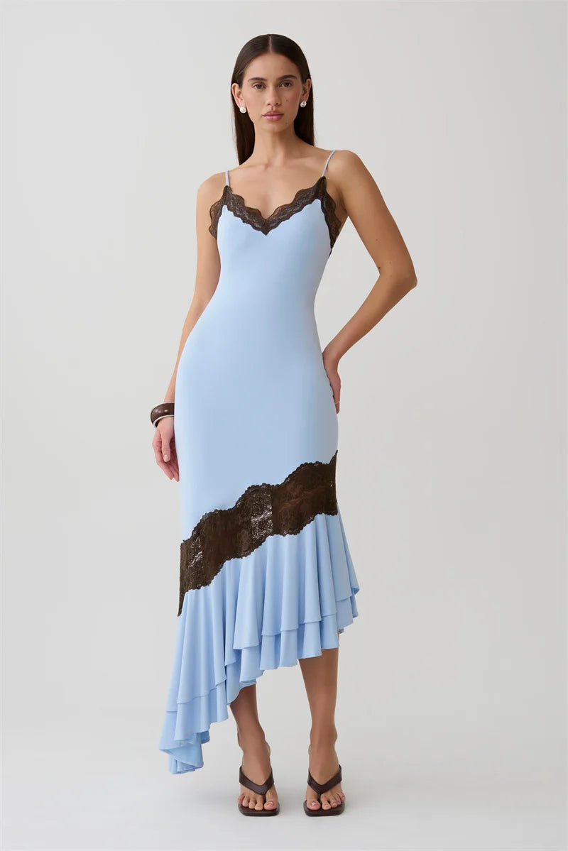 Mozision Women Spaghetti Strap V‑Neck Sexy Midi Dress Contrast White Lace Patchwork Ruffle Hem Bodycon Party Evening Dresses