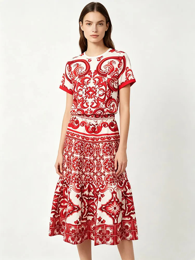 2026 Fashion Print Two-Piece Suit T-Sleeve T-Shirt round Neck Short Sleeves Big Fluffy Skirt Temperament Female Dress Code - Shellss