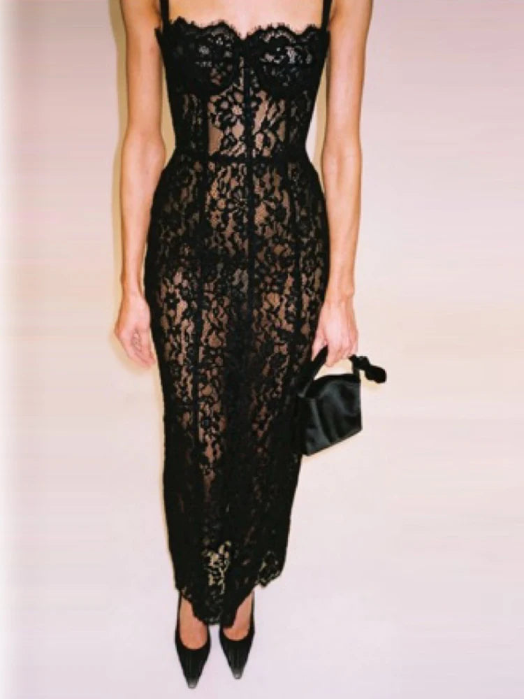 Sexy Spaghetti Strap V Neck Lace Long Dress Women Black Floral Lace Sleeveless Bodycon Dresses Elegant Evening Celebrity Party - Shellss