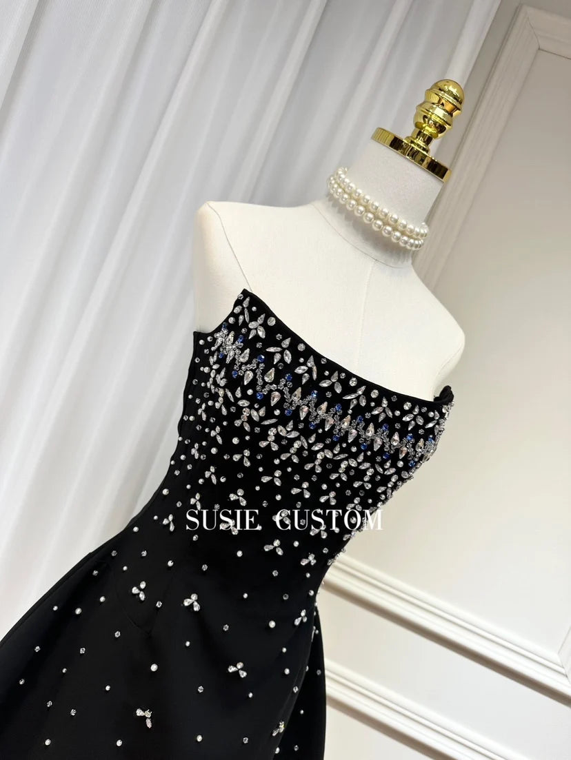 Fishbone Design Diamond Decorated A-Line Gown Heavy Embellishment Strapless Ball Gown Skirt Flounce Summer Dress
