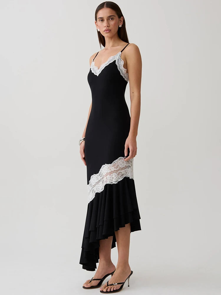 Mozision Women Spaghetti Strap V‑Neck Sexy Midi Dress Contrast White Lace Patchwork Ruffle Hem Bodycon Party Evening Dresses
