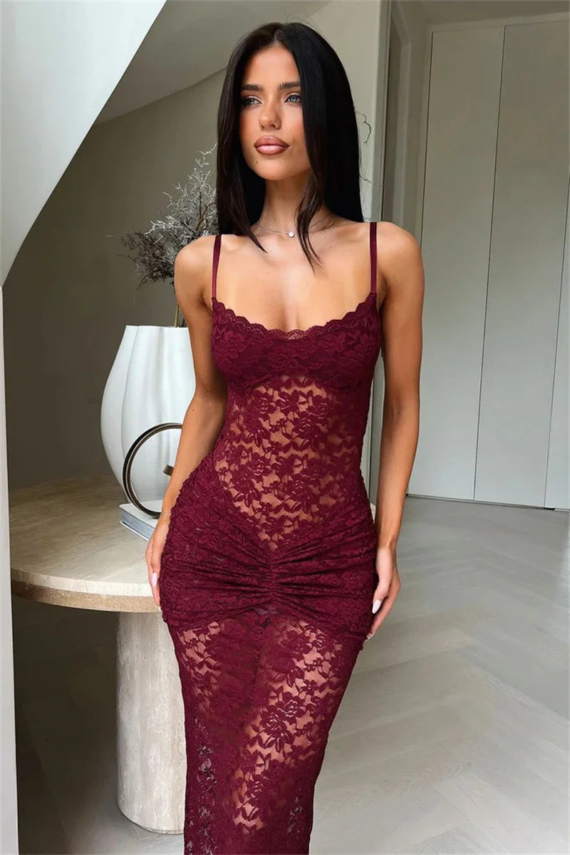 Mozision Lace Spaghetti Strap Sexy Maxi Dress Women Elegant See Through Sleeveless Backless Ruched Slinky Club Party Long Dress