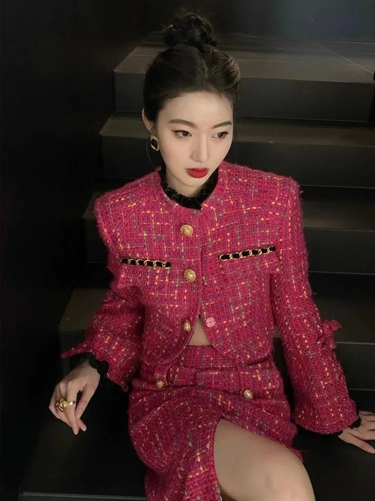 Pink Tweed Short Jacket & Skirt Two Piece - Shellss