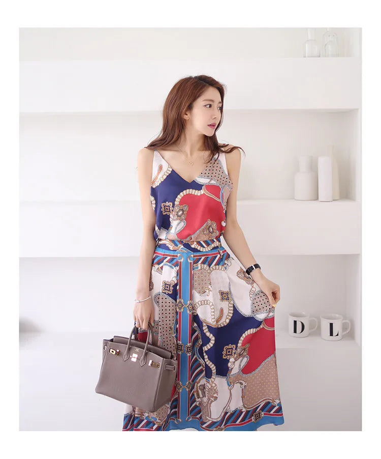 H Han Queen Hot Sale Summer Women Print Work 2 Pieces Set Camisole Top Blouses + Vintage A-Line Skirt Korean Simple Skirt Suit