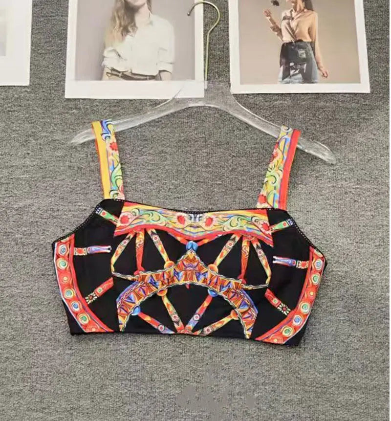 Summer New 2026 Printed Two-Piece Suit with One-Word Collar Sexy Waist-Exposed Top And Elastic Waist Slim Trousers for Holiday - Shellss