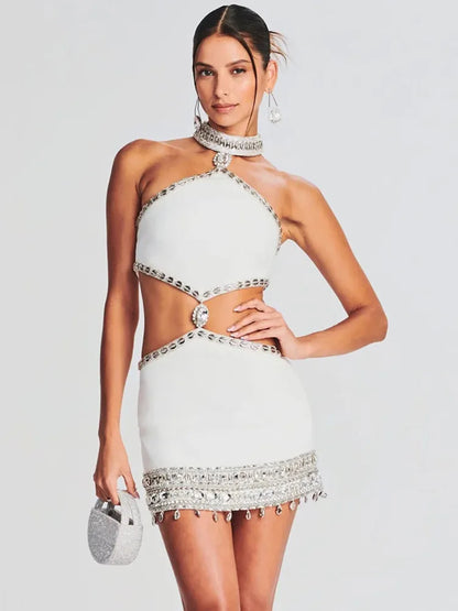 Women Celebrity Luxury  Cut Out Halter White Diamonds Crystal Mini Bodycon Bandage