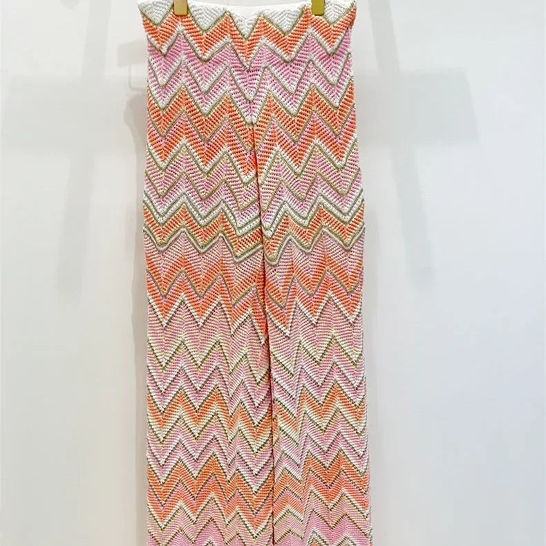 Women's Knitted Sling Dress Slim Fit U-neck Contrasting Wave Pattern Midi Robe,Hollow out Sweater Vest or Long Pants - Shellss