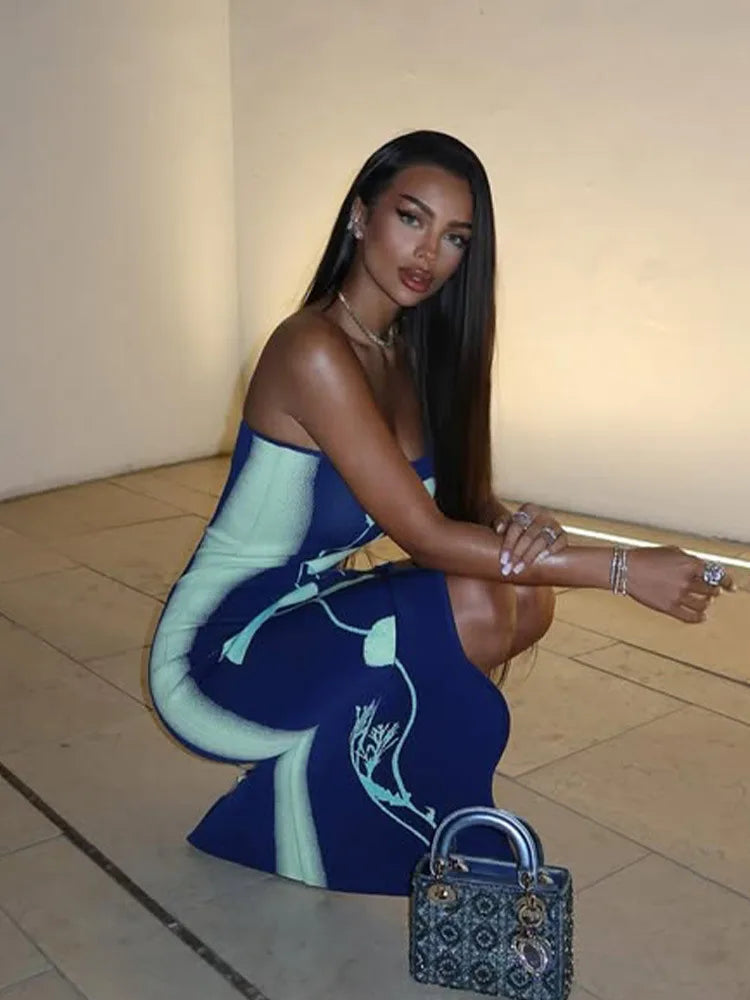Fashion Elegant Sleeveless Print Long Dress Women's Sexy Backless Strapless Bodycon Maxi Dresses Summer Beach Holiday Long Robe
