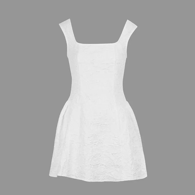 White Mini Waist clinching square neck A Line