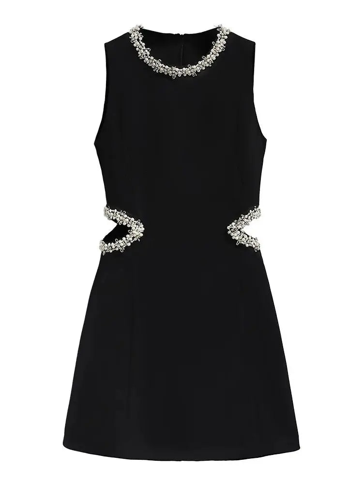 French Waistless Cut-out Celebrity Dress Temperament  Sleeveless High-end Waist Small Black Skirt with A Hollow Waist New Style