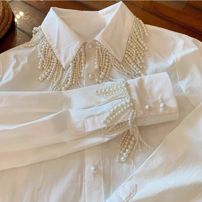 Luxury Pearls Beaded Tassels White Shirts