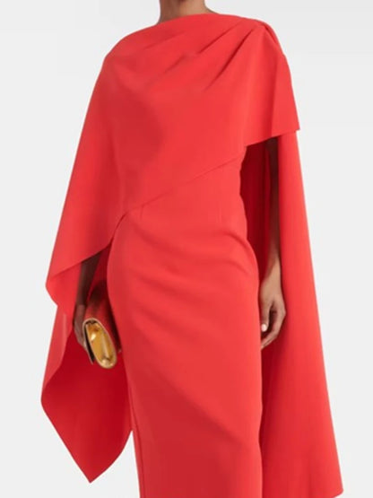 Elegant Red Dress Cape Sleeve Asymmetrical