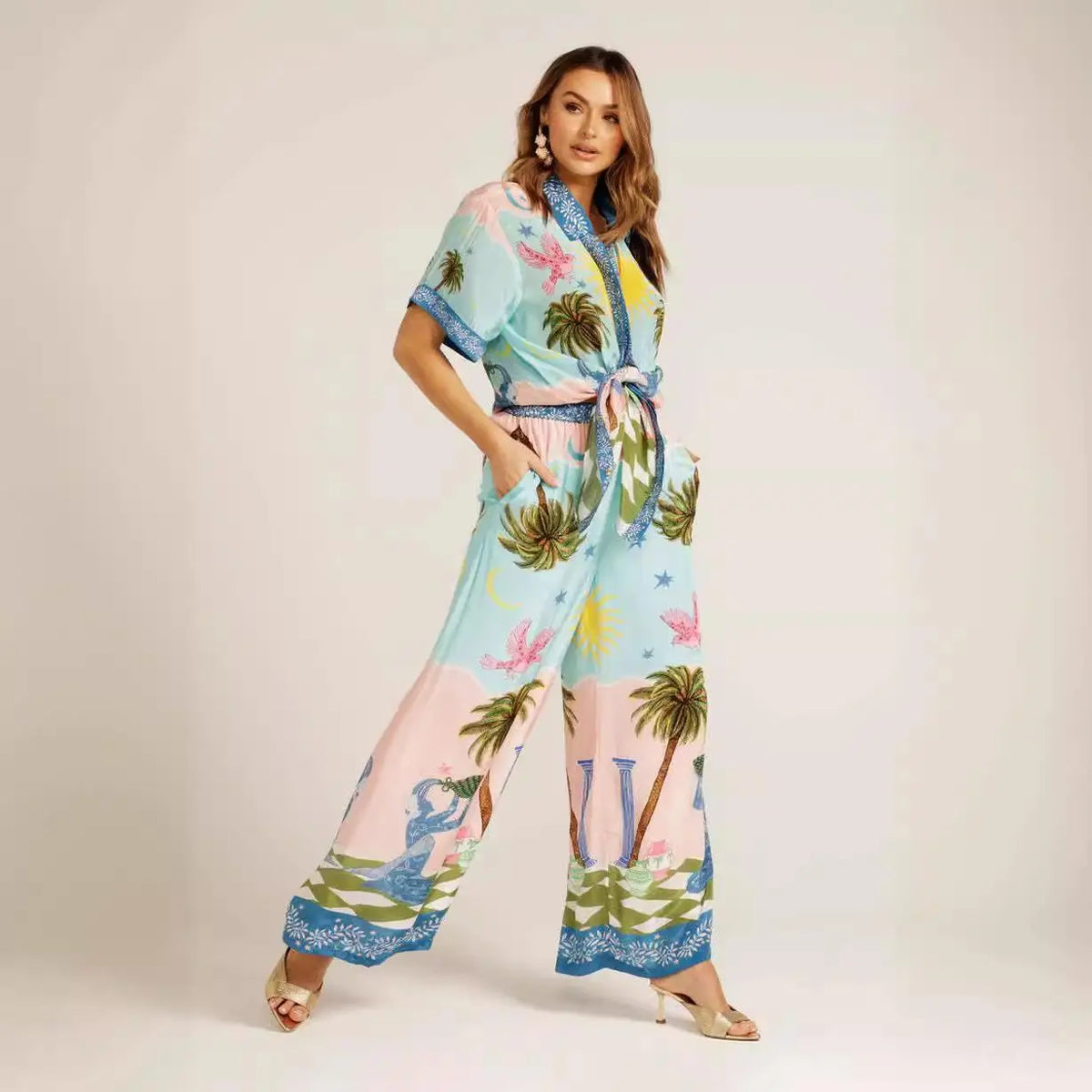Printed Short Sleeve Tether Set Women's Fashion Ensemble Long Pants Winter Season Brand Unbranded Three-piece Combination - Shellss