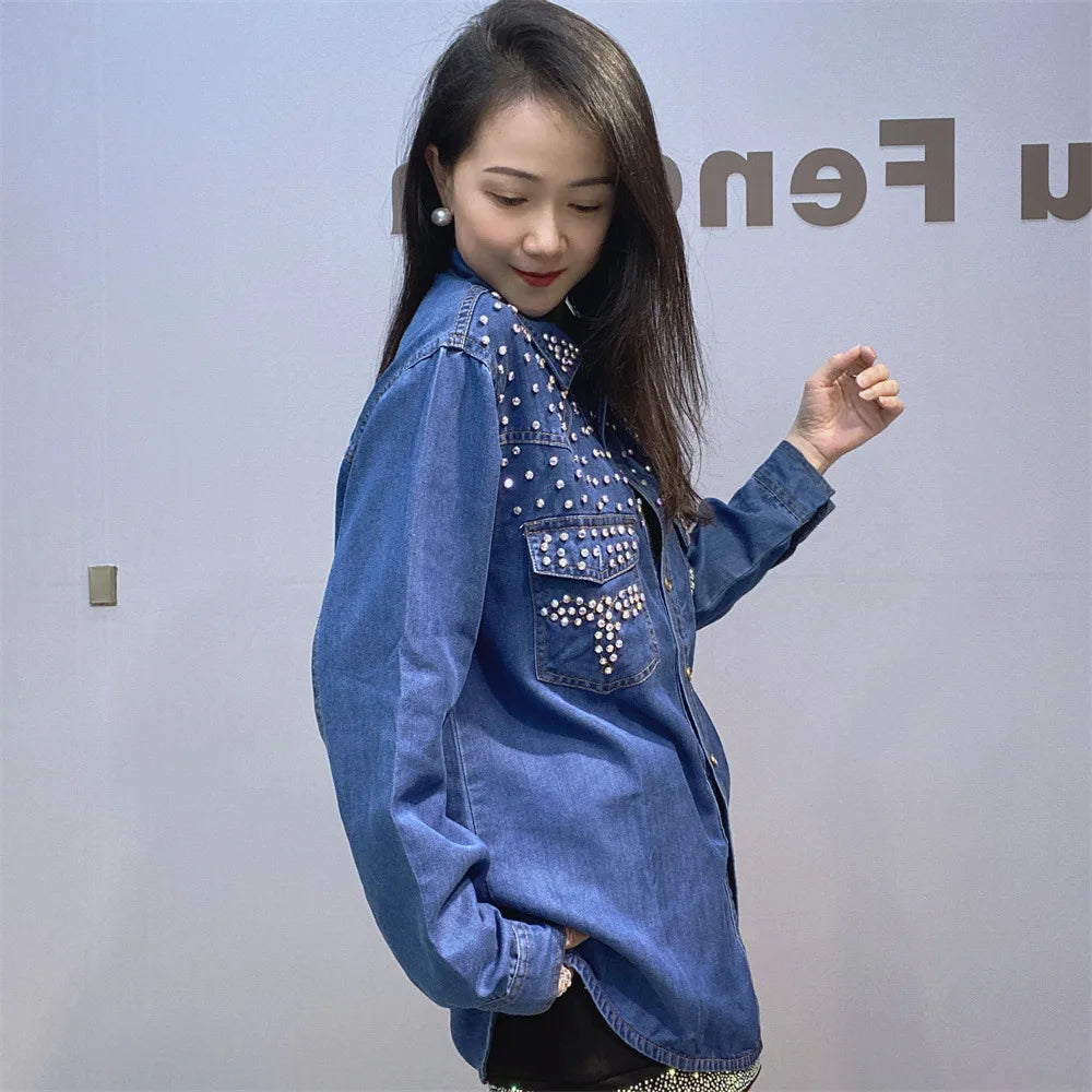Diamonds Beaded Denim Shirts Rhinestones - Shellss