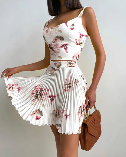 Two Piece Set Mini Print Pleated Skirt Set