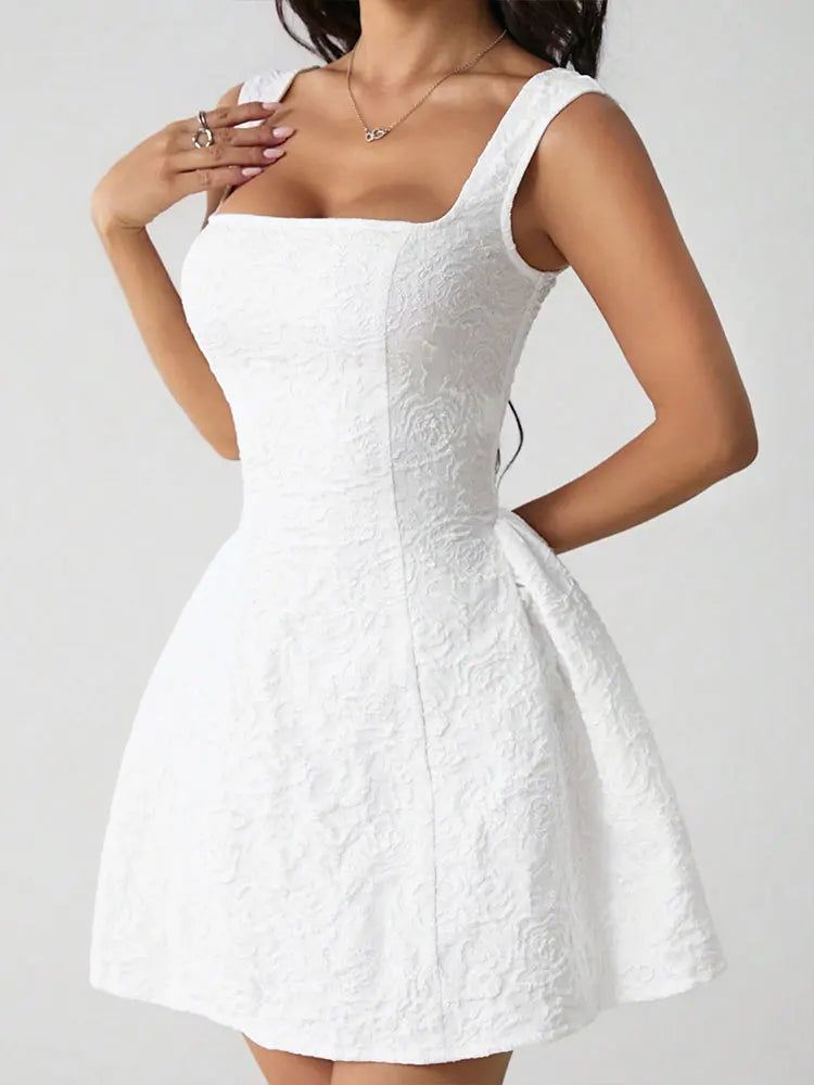 White Mini Waist clinching square neck A Line
