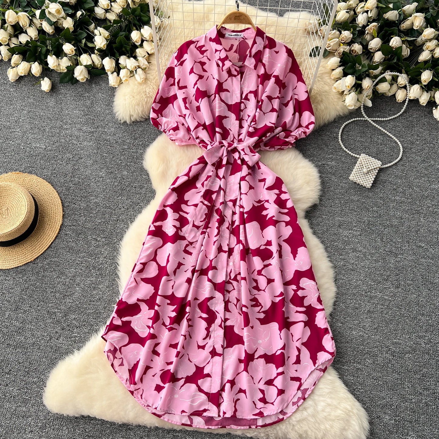Vintage Satin Floral Pink Red