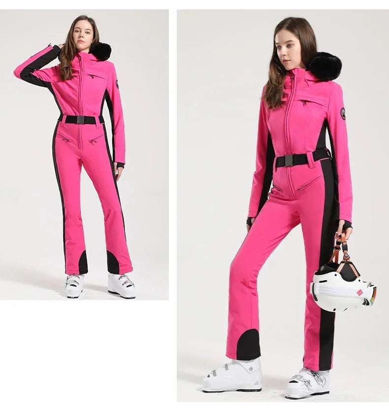 One-piece Ski Suit Women Thickening Snowboard Female Overalls Winter Windproof Waterproof Breathable Clothing Skiing Suit