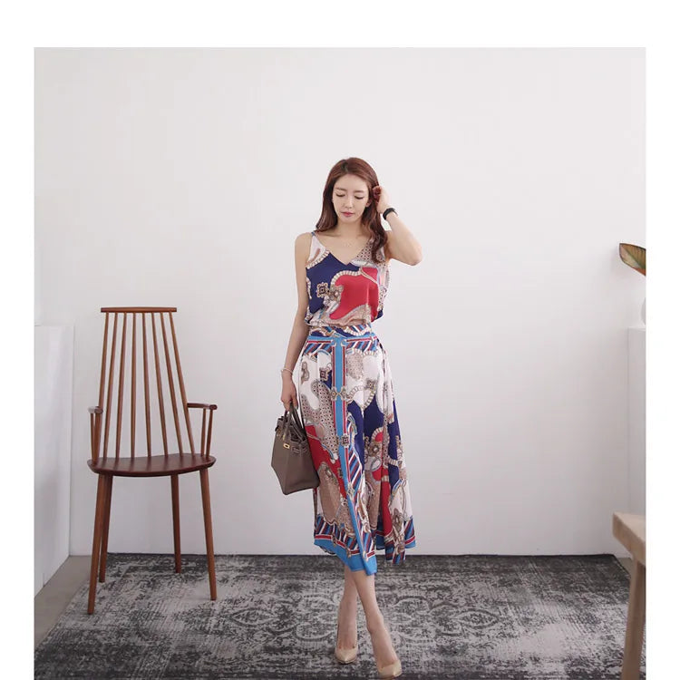 H Han Queen Hot Sale Summer Women Print Work 2 Pieces Set Camisole Top Blouses + Vintage A-Line Skirt Korean Simple Skirt Suit