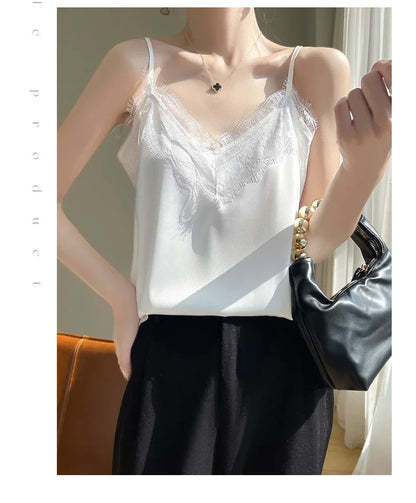 Satin Lace Trim V-Neck Crop Top